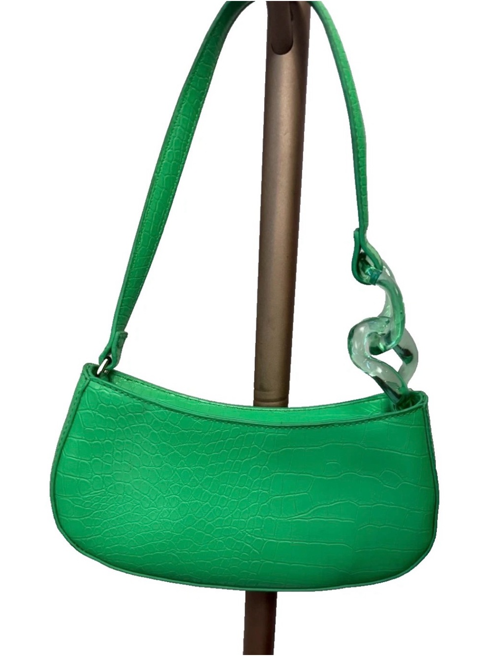 Croc-Embossed Green Shoulder Bag with Sculpted Chain Accent - Picture 1 of 12
